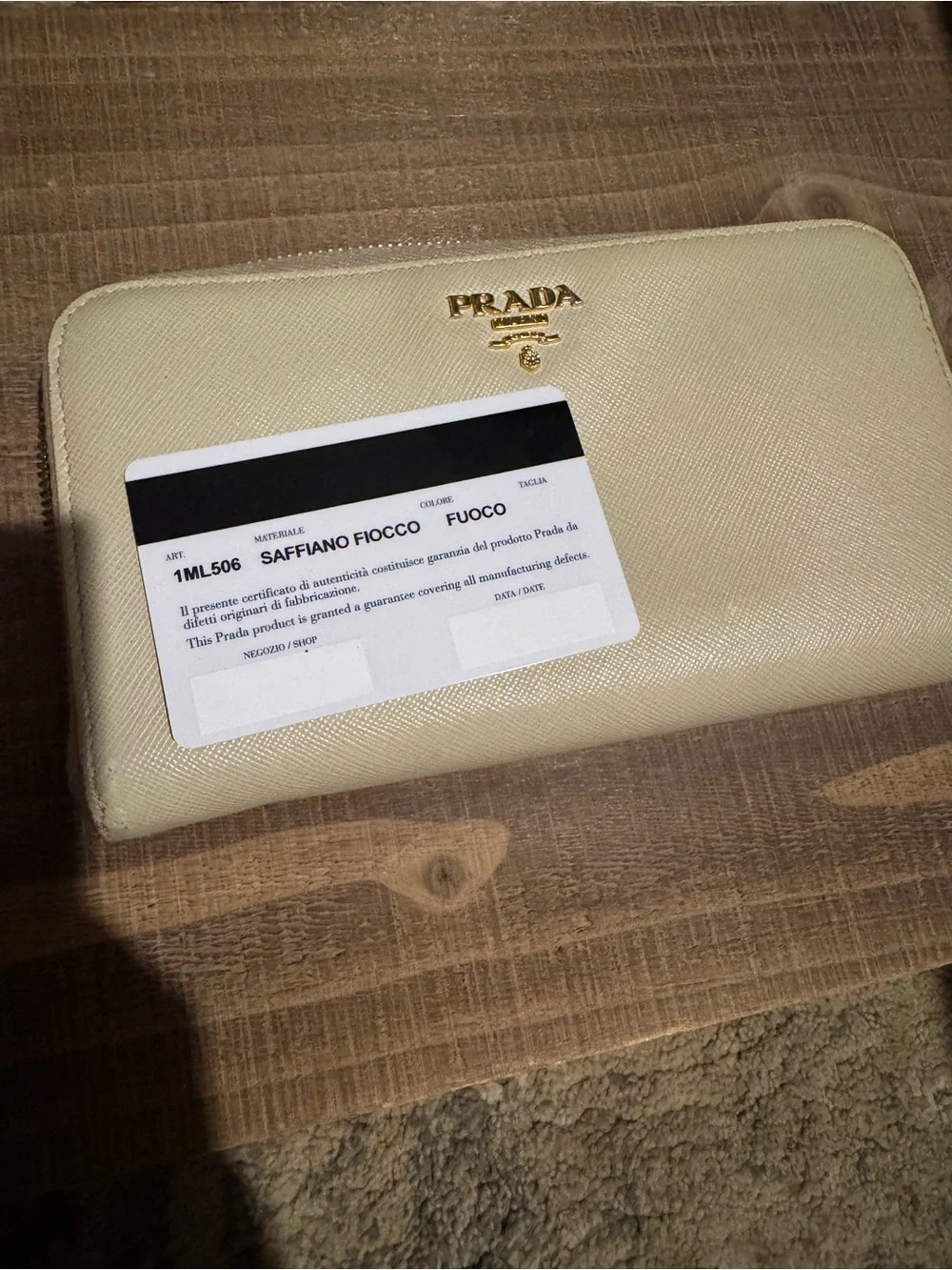 Authentic Prada Saffiano Fiocco Zip Around Wallet 1ML506 Ivory/Cream